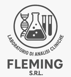 Logo per Fleming SRL, un laboratorio di analisi cliniche, dotato di attrezzature di laboratorio ed elica del DNA.