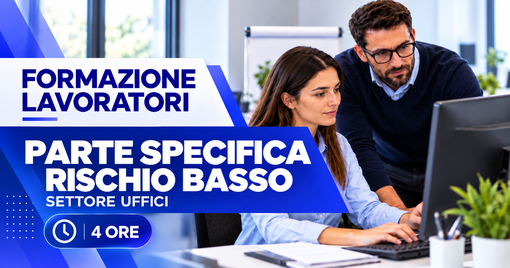 Ambiente d'ufficio con lavoratori alle scrivanie; testo sovrapposto che recita 