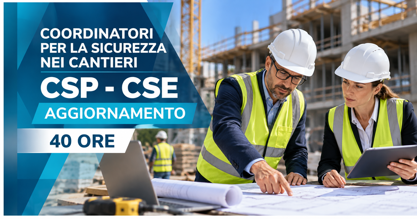 Due operai edili, con indosso giubbotti di sicurezza e caschi protettivi, esaminano i progetti seduti a un tavolo.