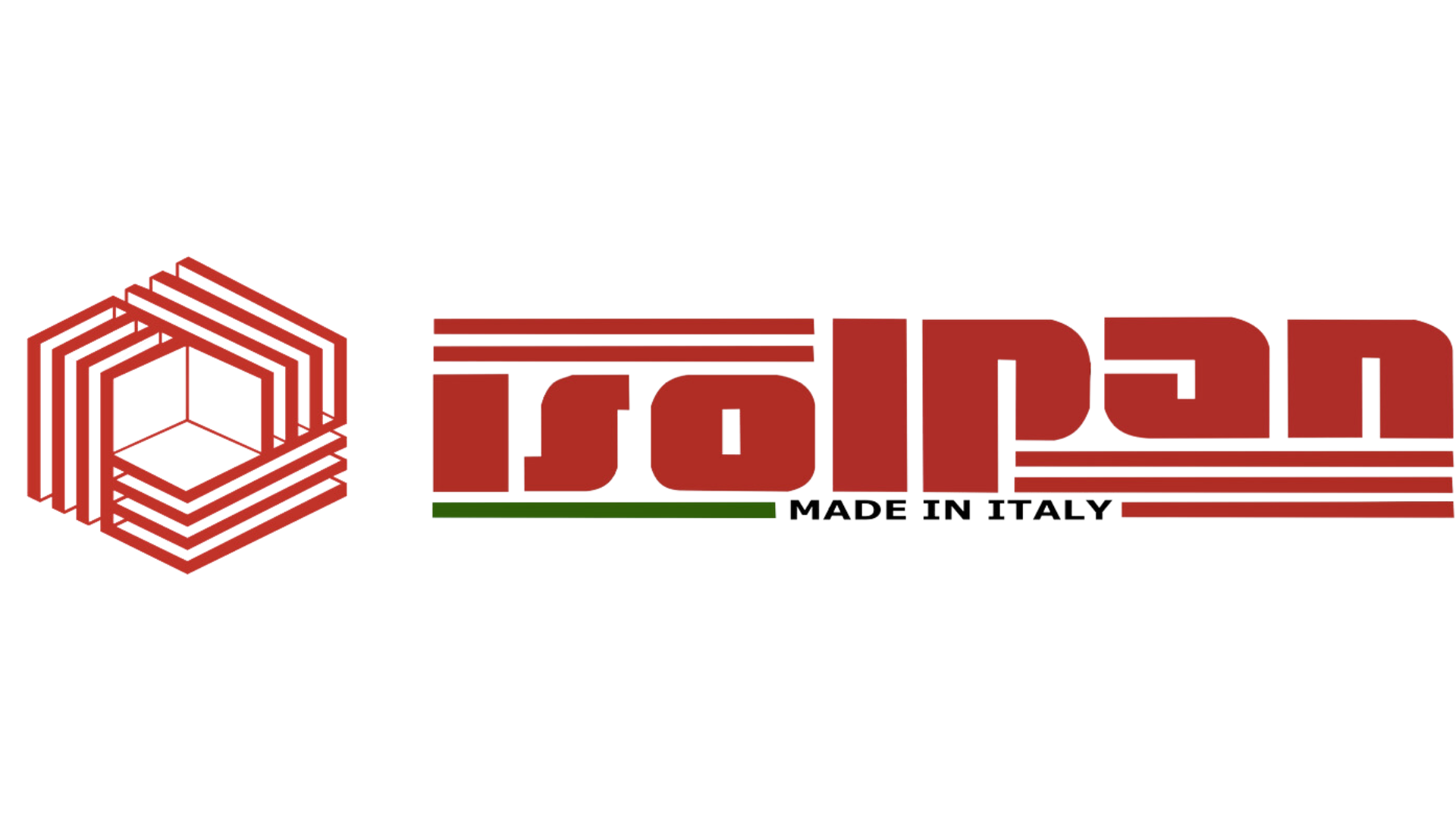 Logo per Isolpan: struttura esagonale rossa e bianca a sinistra; testo rosso 