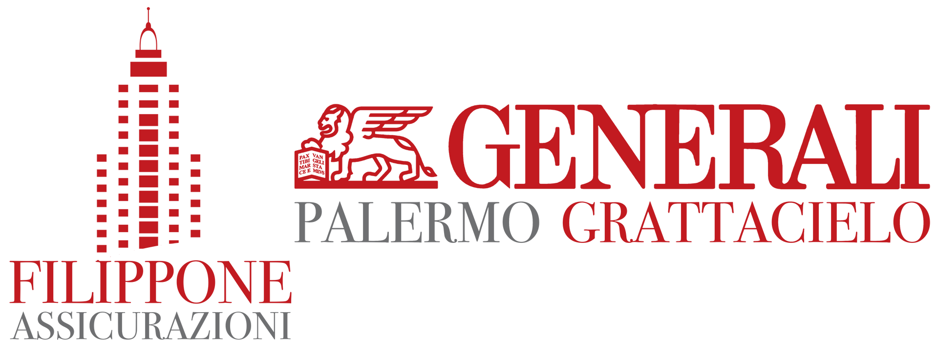 Logo della Filippone Assicurazioni raffigurante un edificio e il logo delle Generali con un leone alato, entrambi in rosso.