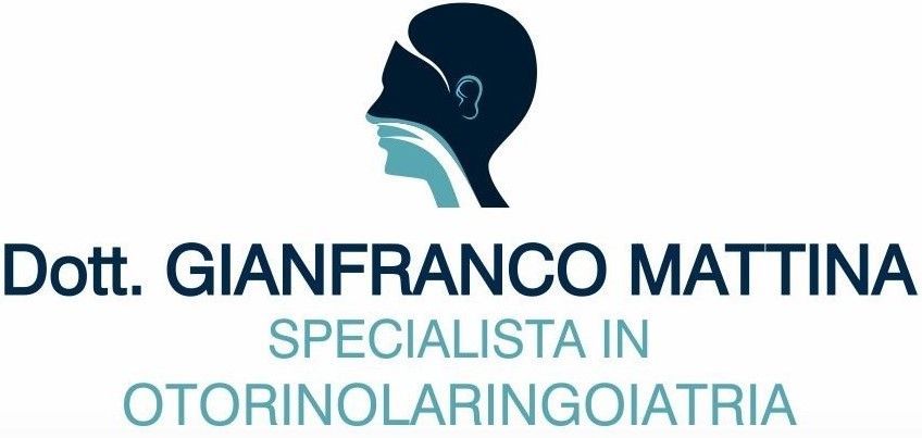 Logo per un medico specializzato in otorinolaringoiatria. Presenta una silhouette di testa blu scuro con dettagli della gola sopra il testo.