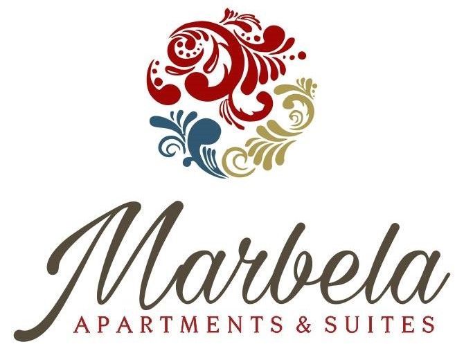 Logo per Marbella Apartments & Suites, caratterizzato da un motivo floreale in rosso, blu e oro sopra la parola 