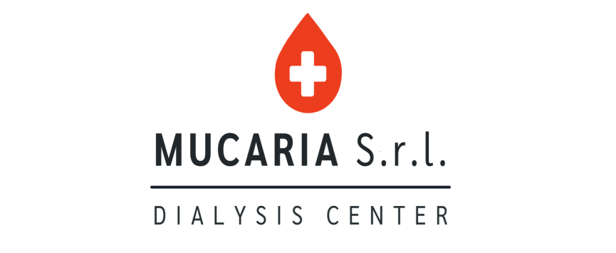 Logo del centro dialisi Mucaria Srl, raffigurante una goccia rossa con una croce bianca e un testo sottostante.
