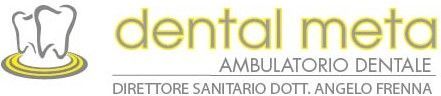 Logo di Dental Meta: due denti con un anello giallo. Le scritte recitano