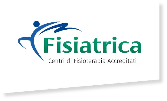 Logo per Fisiatrica, un centro di fisioterapia. Figura blu in movimento, testo verde.