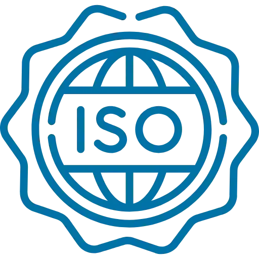 Simbolo di certificazione ISO blu con globo.