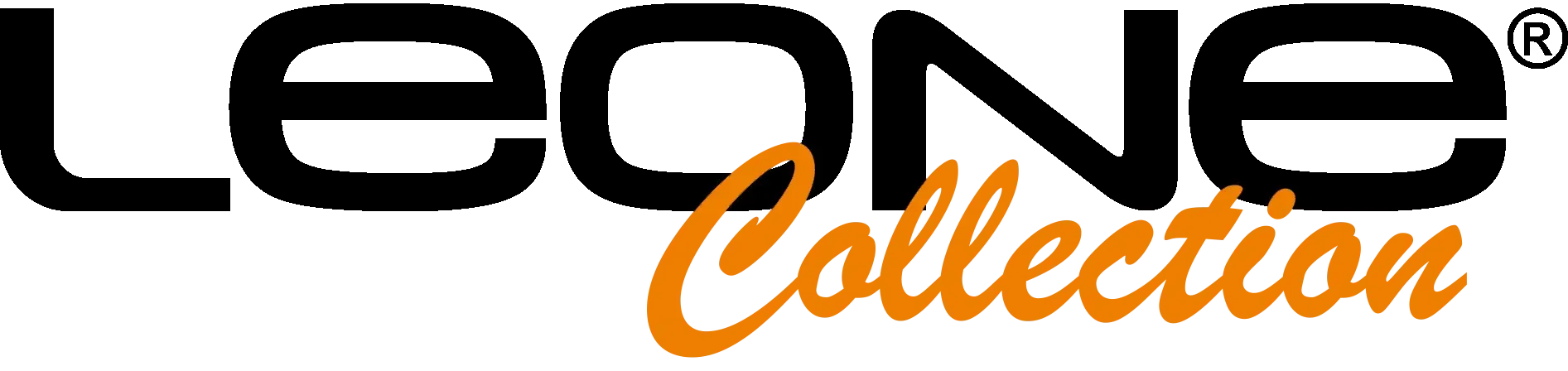 Logo della Leone Collection con testo nero e scritta corsiva arancione 