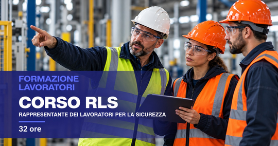Due operai edili con giubbotti arancioni e caschi protettivi in ​​una fabbrica. Testo: 