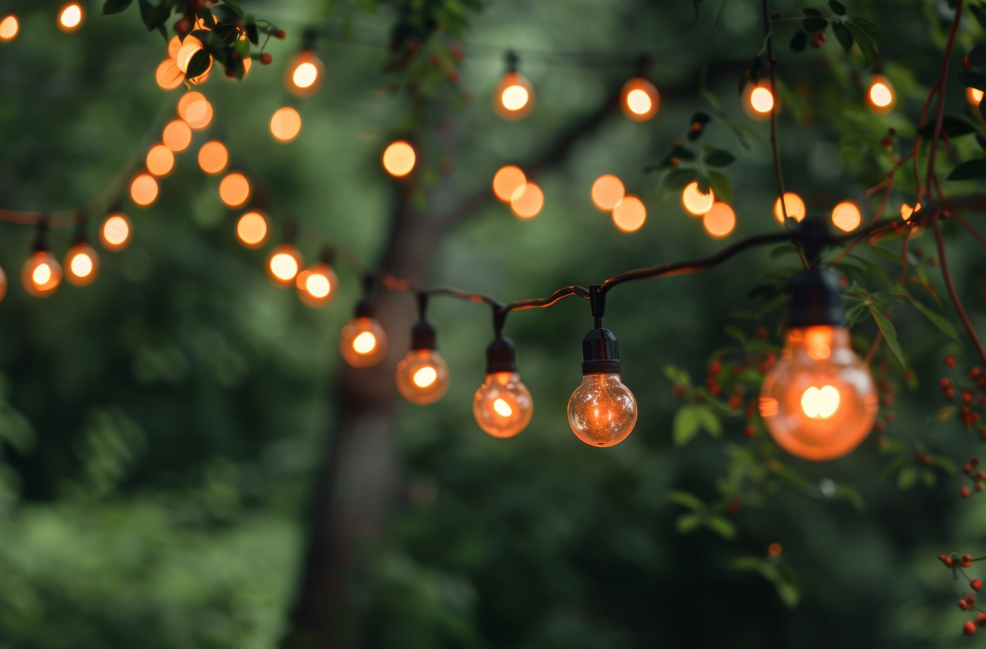 A string of lights hanging from a tree.