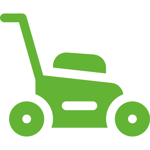 A green lawn mower with wheels and a handle on a white background.