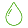 A green line drawing of a drop of water on a white background.