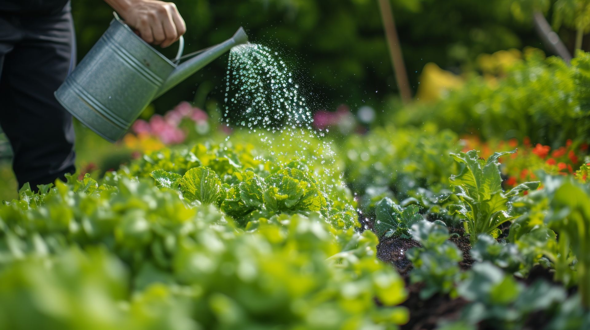 A person is watering plants in a garden with a watering can.