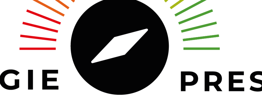 Logo met een zwart kompasicoon en gedeeltelijke tekst "GIE" en "PRES" met rode en groene accentlijnen.
