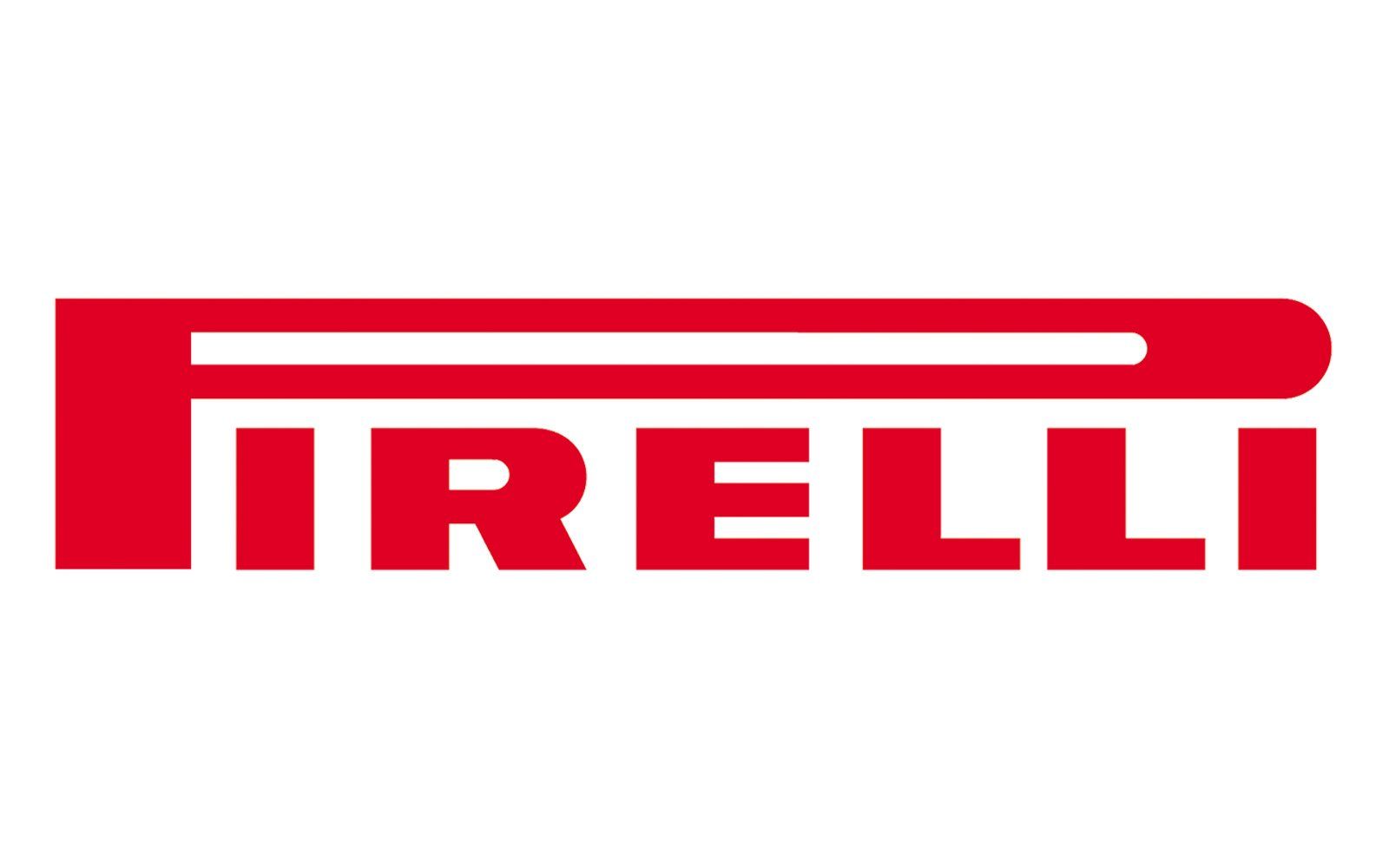 Pirelli logo in red, a horizontal bar over the word