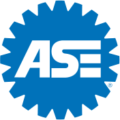 Blue ASE logo: Gear shape with white 