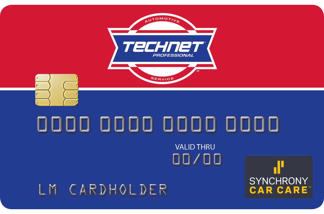 TechNet Synchrony Car Care credit card, red and blue design with logo and card details. | Dave's Automotive LLC