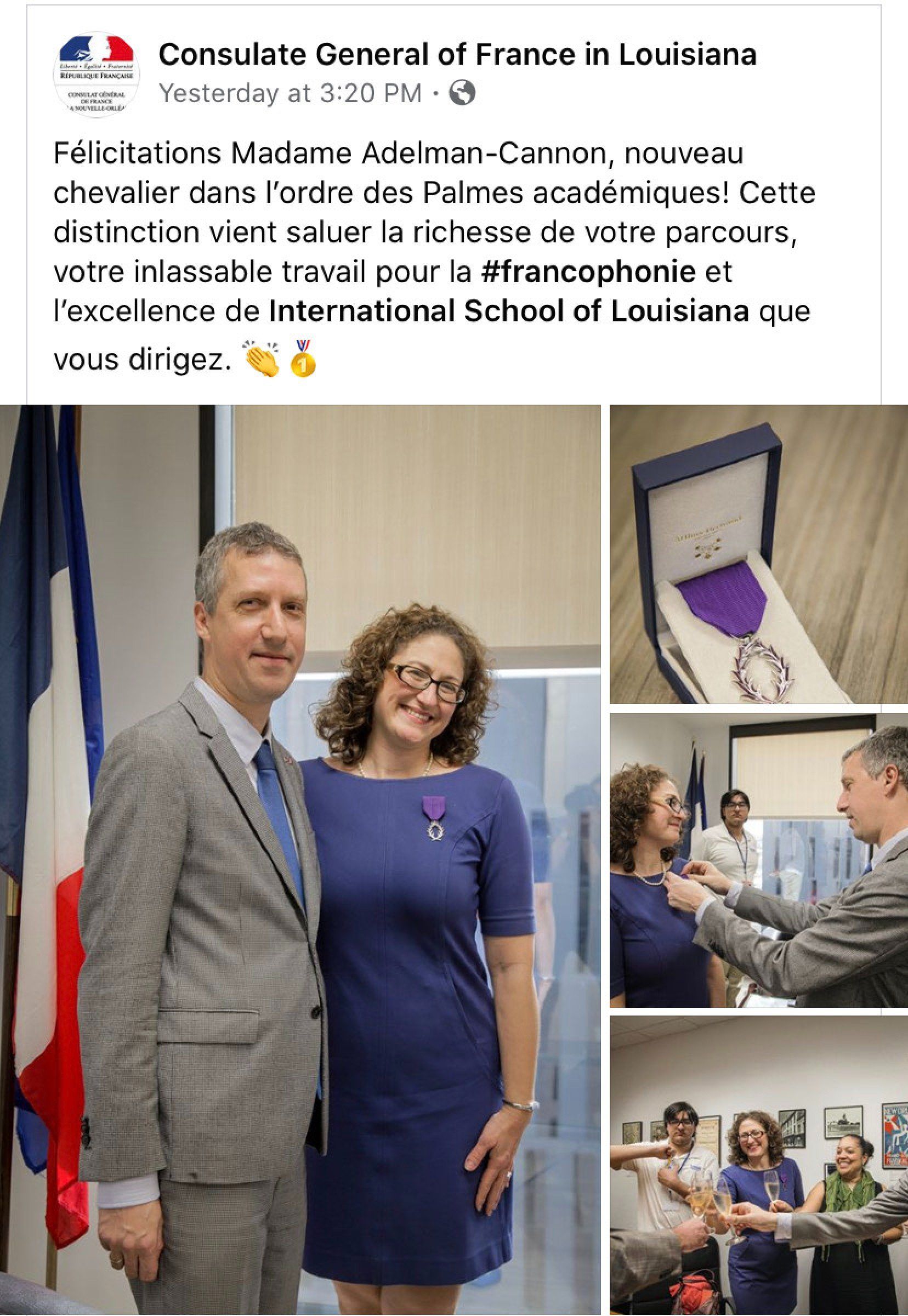 ISL Uptown campus principal receiving award from the Consulate General of France in Louisiana