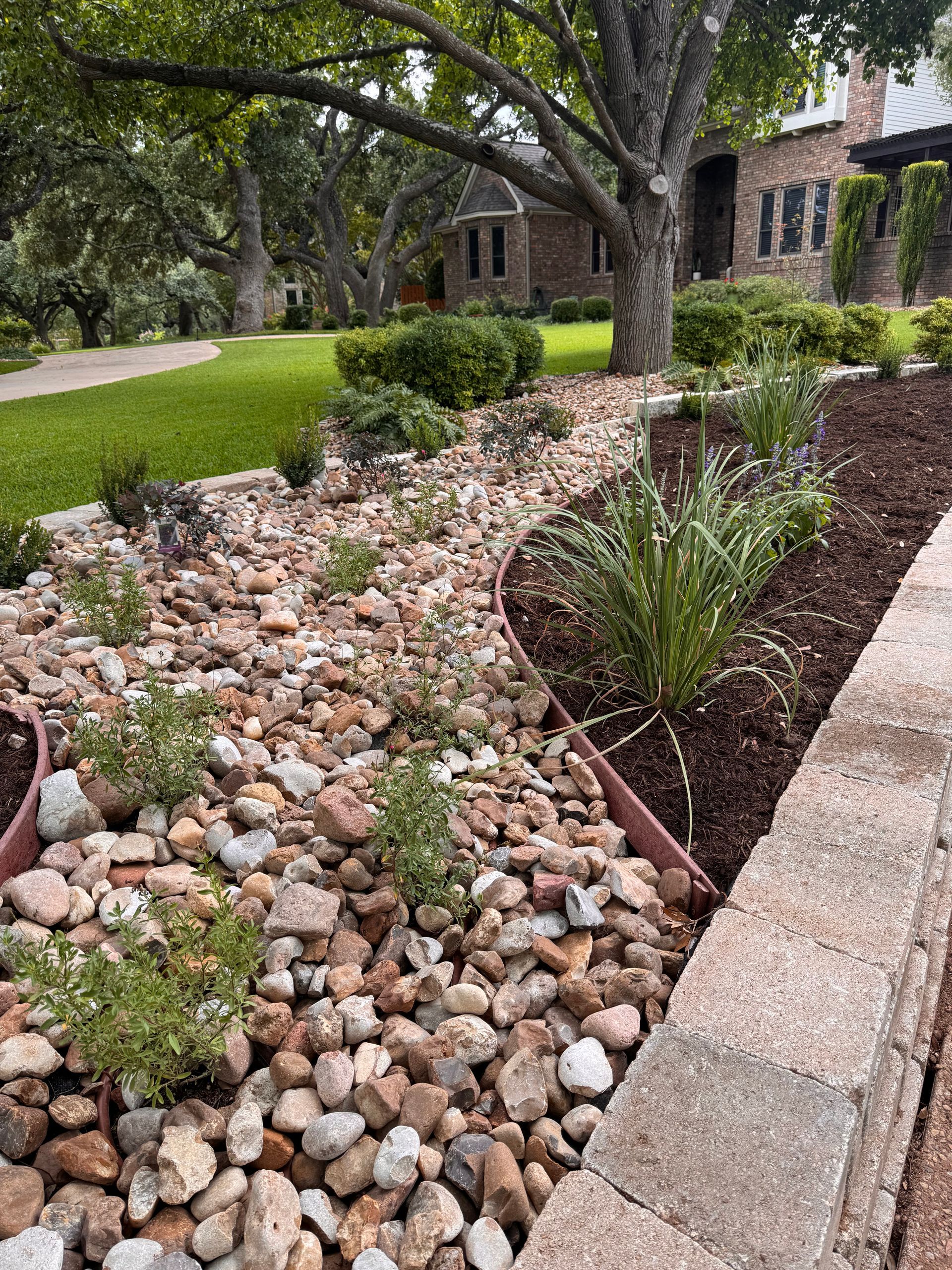 Rock garden with green plants and mulch in front of a brick house.