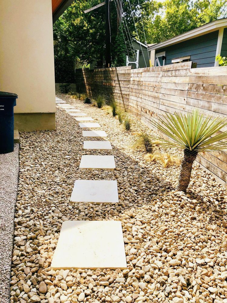Stone path through a gravel garden with a small palm tree next to a wooden retaining wall.