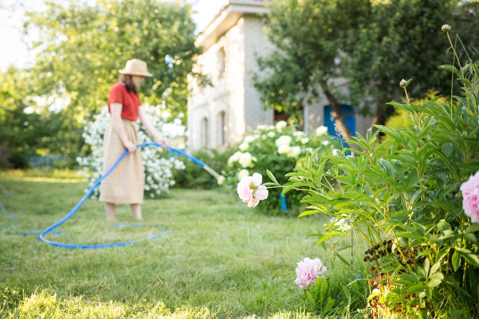 Woman in hat waters garden with hose near a house and flowers.