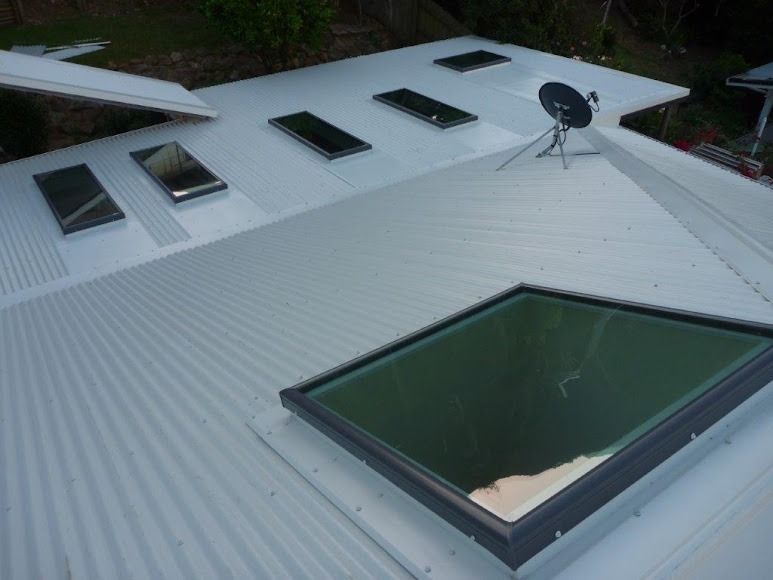 White corrugated rooftop with skylights and a satellite dish; a small green pond sits below the roofline.