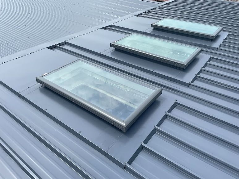 Row of rooftop skylights on a gray metal roof, viewed at an angle