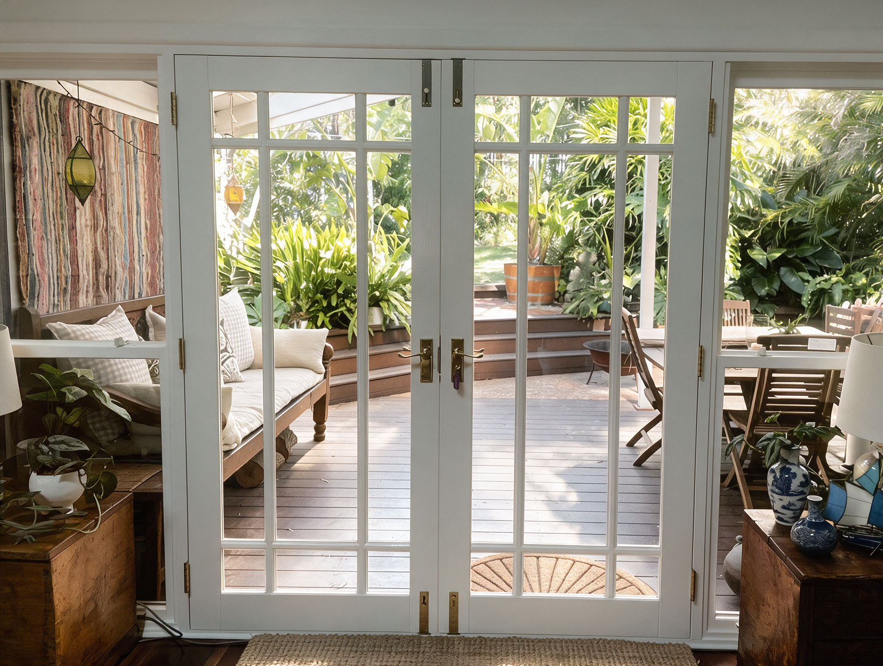 White French doors opening to a sunny garden patio with a wooden bench and lush greenery