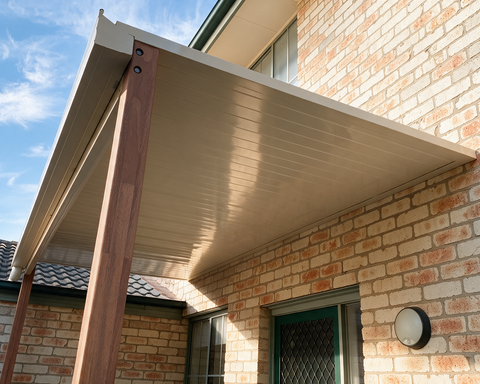 Beige patio awning attached to a brick house, supported by a brown wooden post.