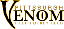 Logo for Pittsburgh Venom Field Hockey Club. Black and gold text with a stylized "V" shape.