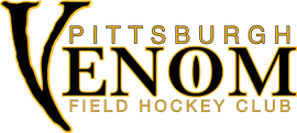 Logo for Pittsburgh Venom Field Hockey Club. Black and gold text with a stylized "V" shape.