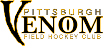 Logo for Pittsburgh Venom Field Hockey Club. Black and gold text with a stylized "V" shape.