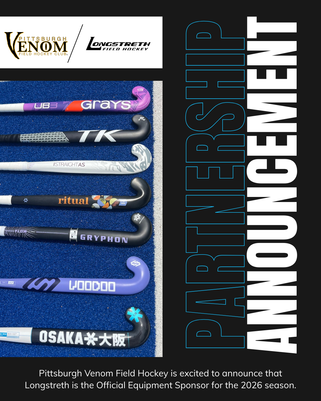 A partnership announcement for Pittsburgh Venom and Longstreth, featuring a stack of field hockey sticks against blue.