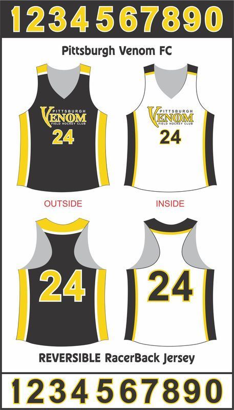 Reversible soccer jersey design for Pittsburgh Venom FC: black and white with gold accents, front and back views.