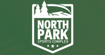 North Park Sports Complex logo on green background: white text and graphic of trees, mountain, shield.