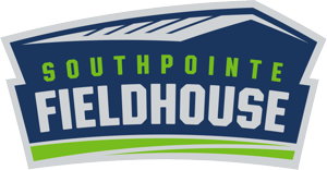 Southpointe Fieldhouse logo: Dark blue building with green accents, text