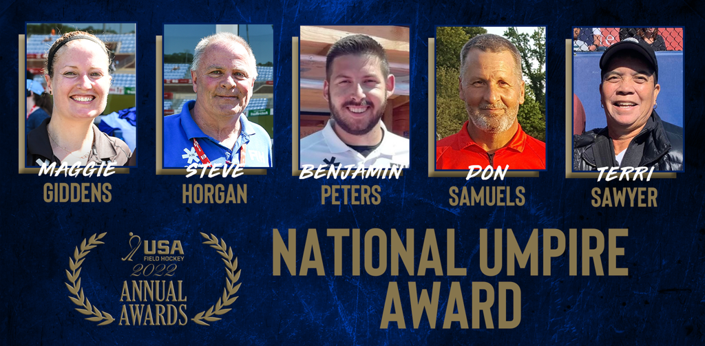 The National Umpire Award. Headshots of Maggie Giddens, Steve Morgan, Benjamin Peters, Don Samuels, and Terri Sawyer.