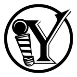 Black and white logo: "Y" letter beside a barber pole inside a circle.