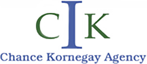 Logo for Chance Kornegay Agency, featuring a large blue letter I between a dark green C and K, with the agency name below.