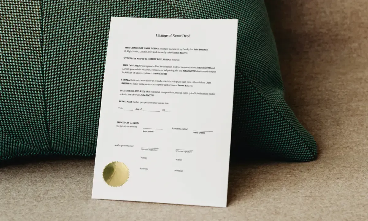 Photo of a Name Change Deed Poll Document from Deedly