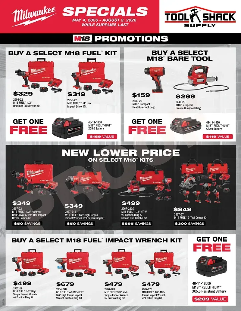 Milwaukee Tool Shack specials flyer with red power tools, promo prices, and free battery offers