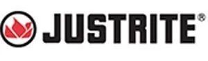 Justrite logo with red circular flame icon and black text on white background