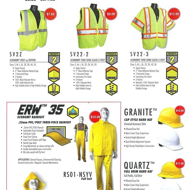 Catalog page of reflective safety vests, rain suits, hard hats, and workwear with prices and product labels