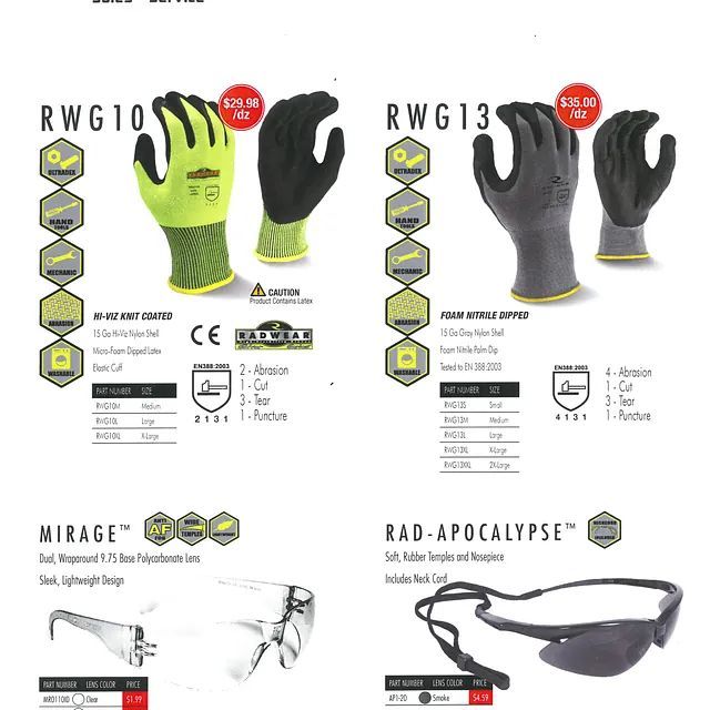 Catalog page showing two work gloves in neon yellow and gray, plus two safety glasses at the bottom.
