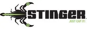 STINGER logo with a black stinger insect and green accents; slogan “JUST CAP IT” on the right