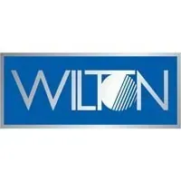 Blue WILTON logo with white stylized lettering and diagonal stripe design