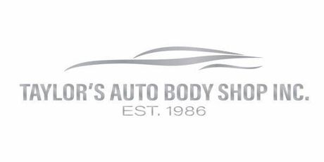 Logo for Taylor's Auto Body Shop Inc., featuring a car outline above the text "Taylor's Auto Body Shop Inc. Est. 1986".