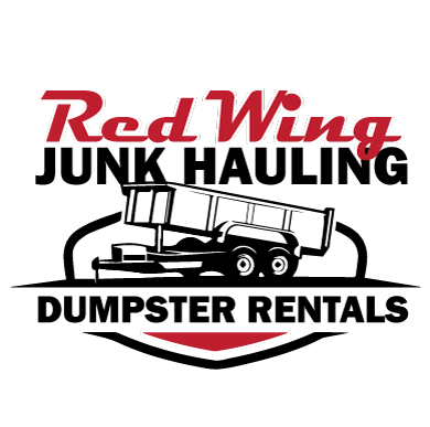 A logo for red wing junk hauling dumpster rentals.