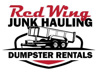 The logo for red wing junk hauling dumpster rentals