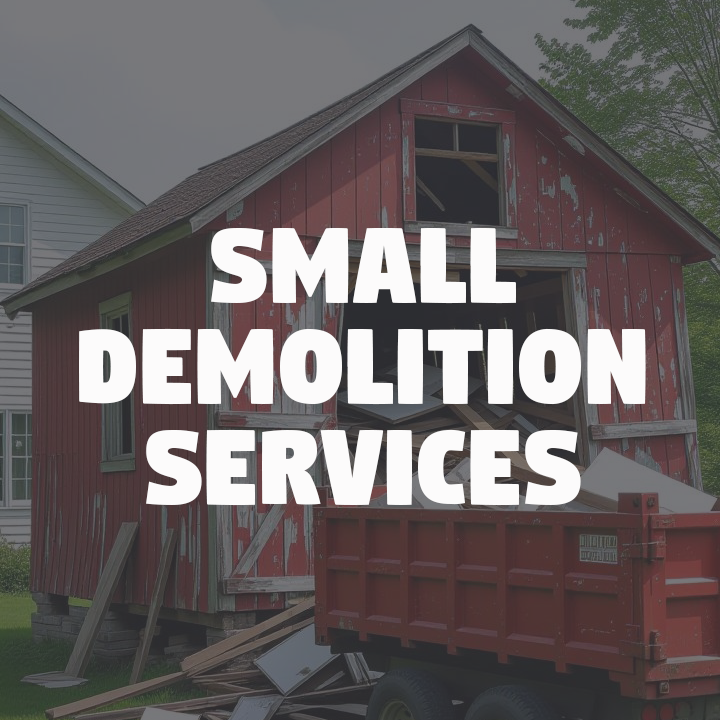 A red, weathered shed is being demolished, with debris and a large red trailer nearby. Text overlays read,